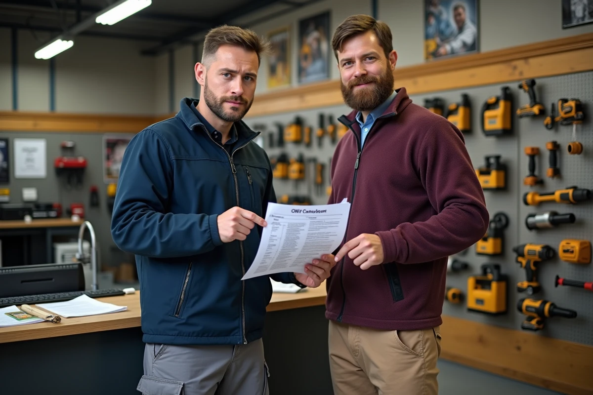 Deux hommes au comptoir d'une agence de location d'outils discutant d'un contrat de location, illustrant les erreurs administratives et de choix lors de la location de matériel de chantier