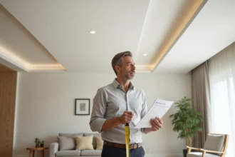 Professionnel évaluant le coût d'un plafond tendu dans un salon moderne avec devis en main