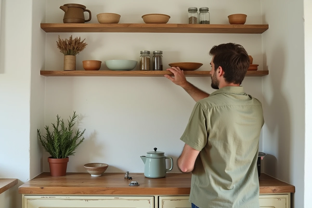 Homme installant des étagères en bois ouvertes dans une cuisine de style maison de campagne française pour optimiser l'espace et le charme