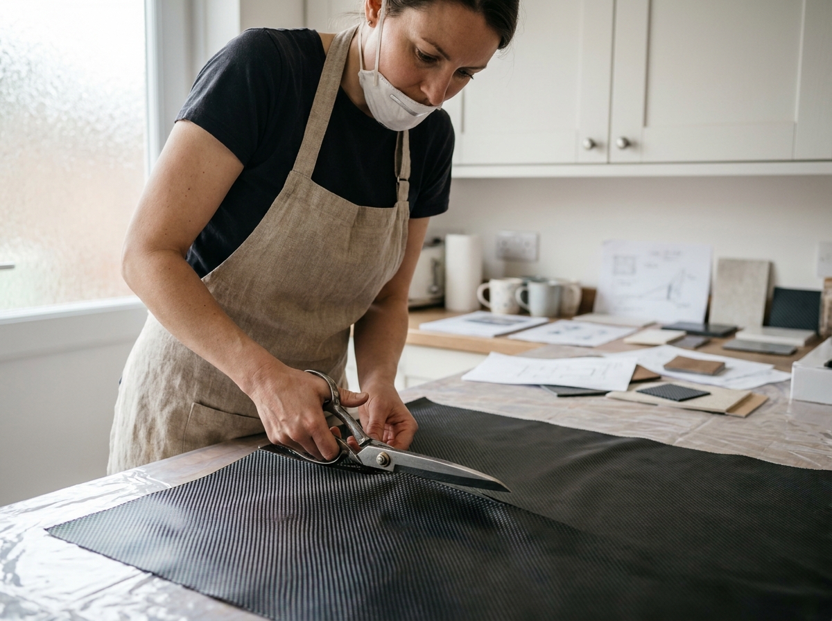 Femme découpant précisément un tissu en fibre de carbone sur une table de cuisine pour un projet composite maison