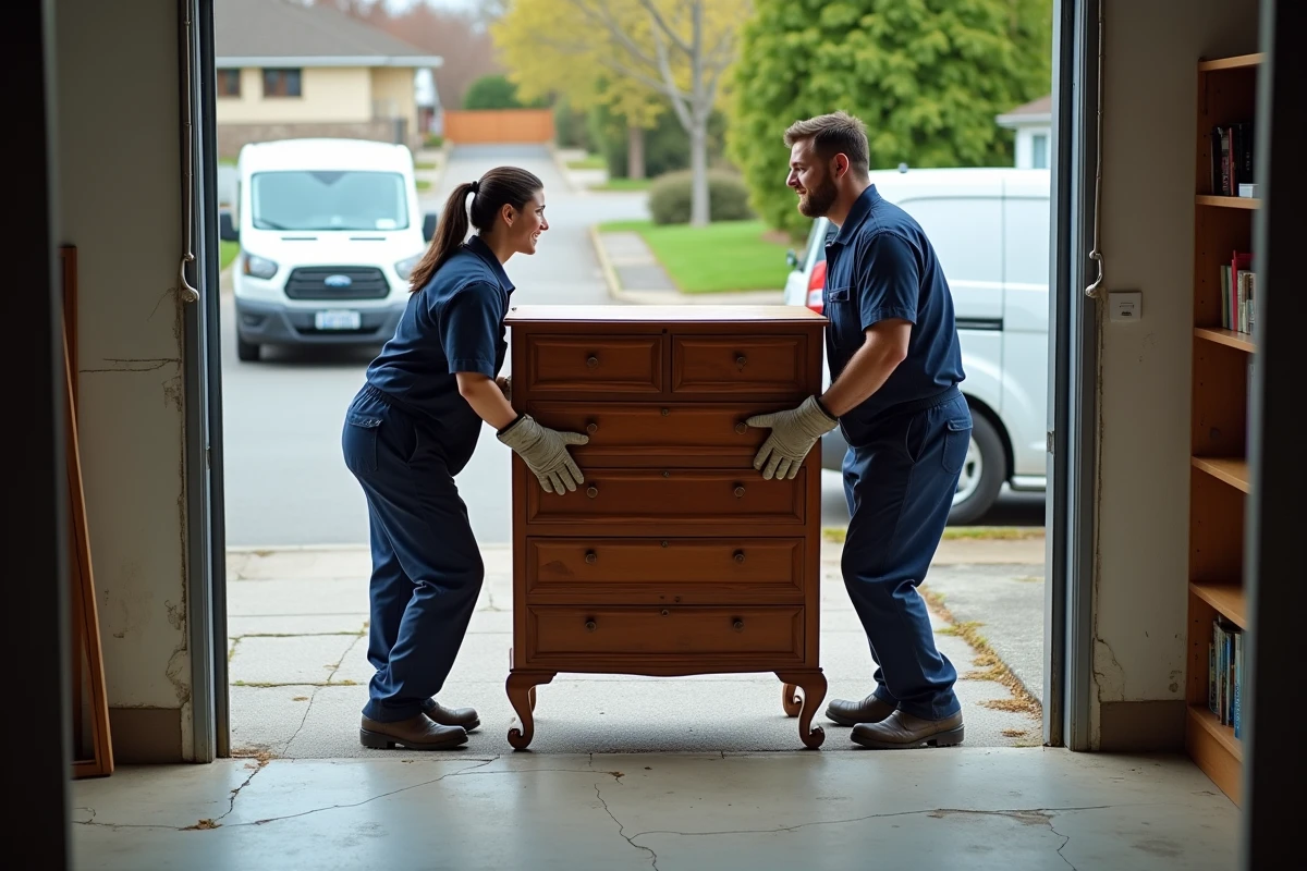 Deux déménageurs professionnels évacuant un meuble lors d'un débarras de garage gratuit