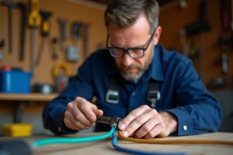 Électricien professionnel dénudant des fils électriques marron, bleu et vert-jaune pour branchement prise mâle