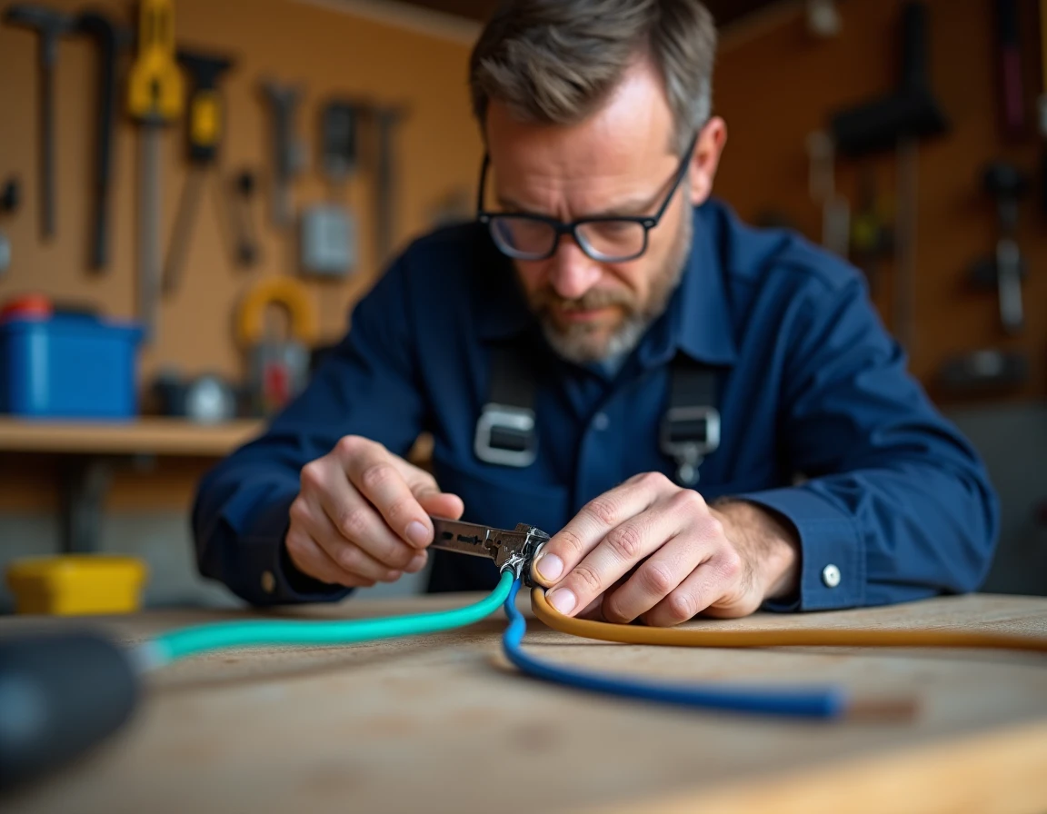 Électricien professionnel dénudant des fils électriques marron, bleu et vert-jaune pour branchement prise mâle
