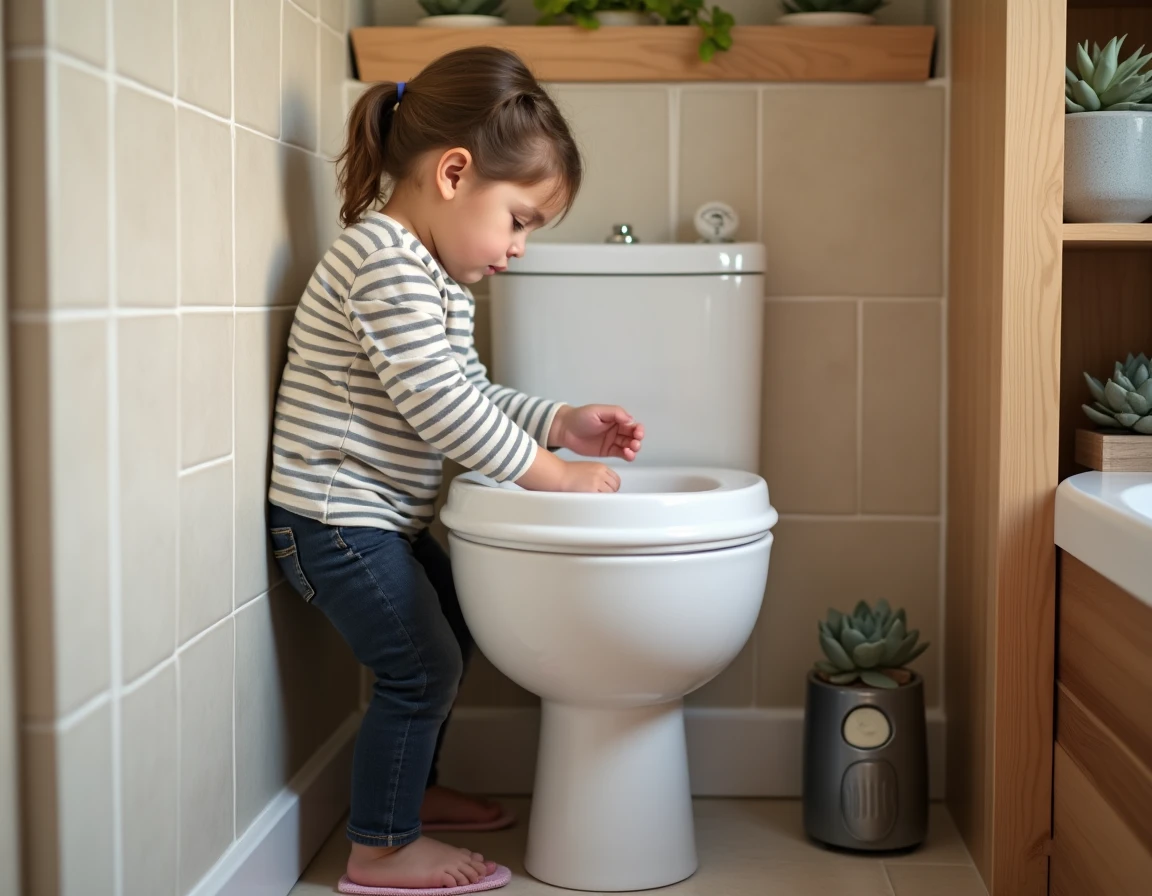 Enfant utilisant un lave-main intégré sur WC, illustrant l'ergonomie pour les petits
