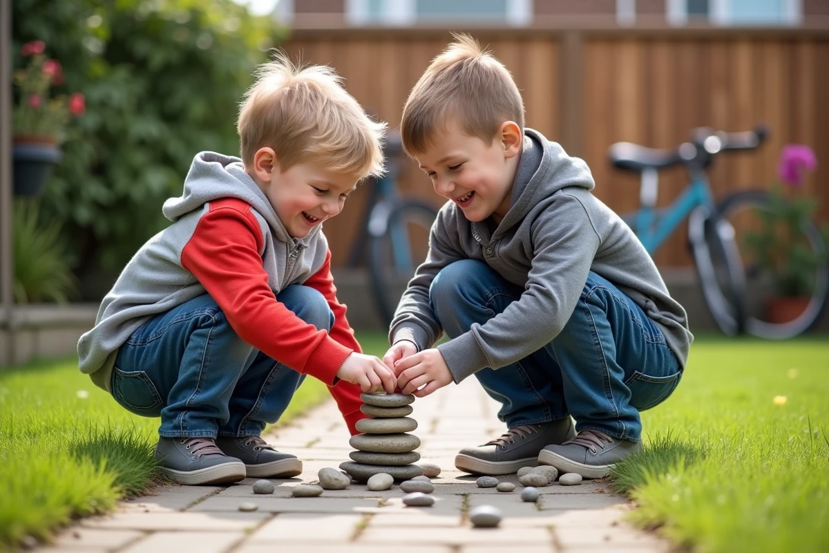 Deux enfants jouant avec des cailloux dans un jardin de maison pavillonnaire, distinguer le jeu innocent du signe de repérage de cambriolage