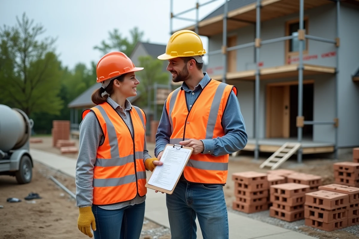Deux artisans en gilets de sécurité discutant d'une liste de contrôle de chantier devant une maison en rénovation extérieure