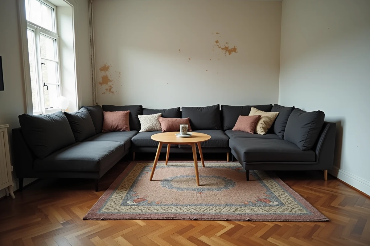 Petit salon salle à manger mal agencé avec mobilier trop grand et espace encombré dans un appartement moderne