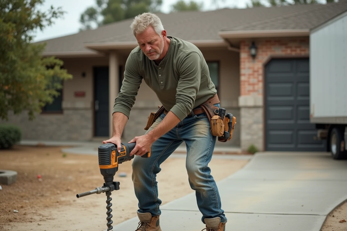 Homme examinant une perceuse rotative de location devant une maison en rénovation, illustrant les erreurs courantes lors de la location d'outils de chantier