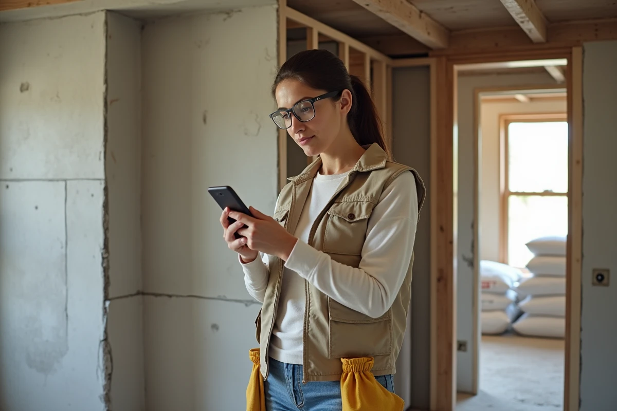 Femme artisan consultant une application de planification de travaux DIY dans une cuisine en cours de rénovation