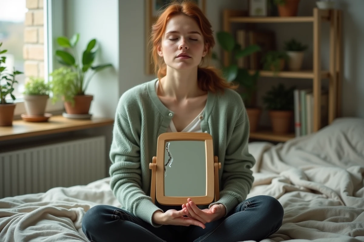 Jeune femme méditant avec un miroir brisé dans les mains sur un lit, illustrant la signification spirituelle et symbolique du rêve de miroir fracturé