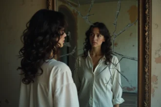 Femme contemplant son reflet fragmenté dans un grand miroir brisé accroché à un mur en pierre, symbolisant l'interprétation psychologique du rêve de miroir brisé
