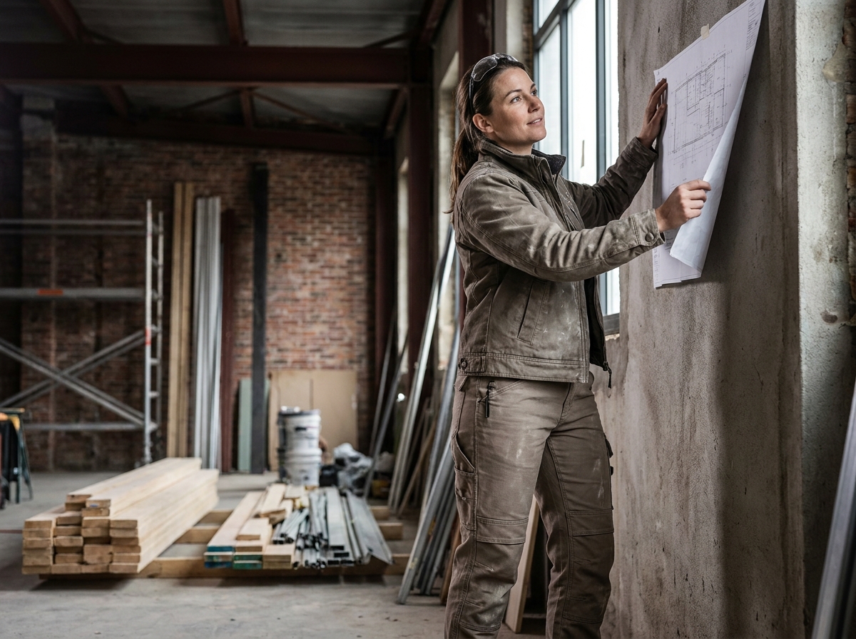 Femme professionnelle du bâtiment en pantalon de travail confortable étudiant des plans sur un chantier de rénovation