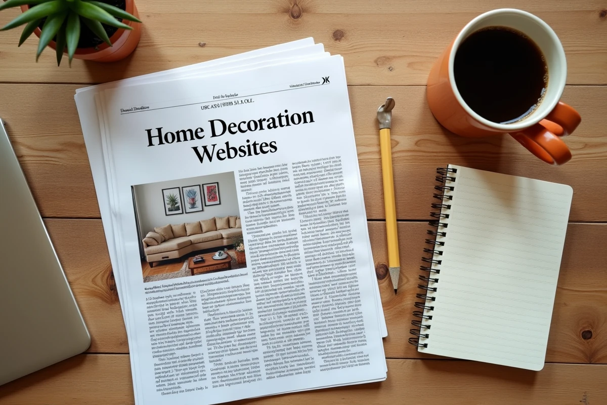 Flat-lay de bureau avec article imprimé sur les sites de décoration intérieure, carnet de notes et tasse à café