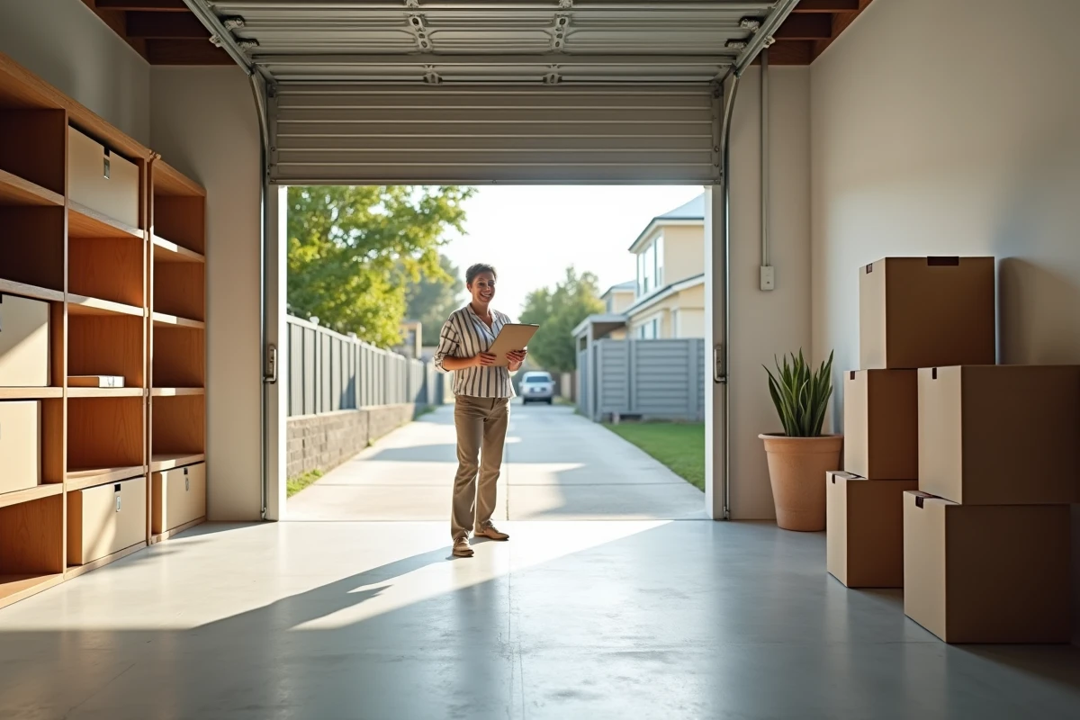 Garage propre et vide après un débarras réussi avec femme satisfaite à l'entrée