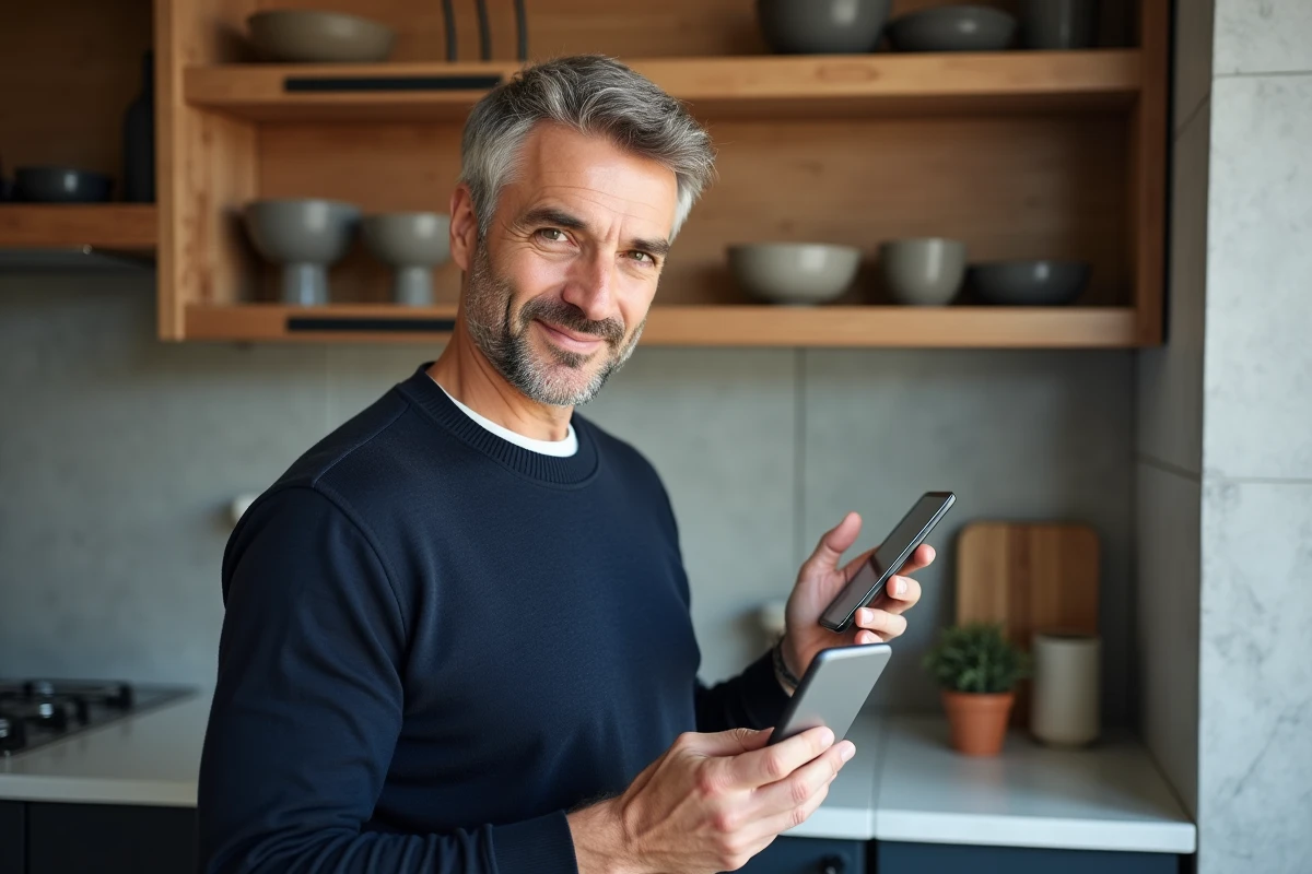 Homme dans une cuisine rénovée consultant un site de conseils déco sur son smartphone