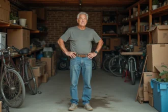 Homme face à un garage encombré évaluant les objets à débarrasser