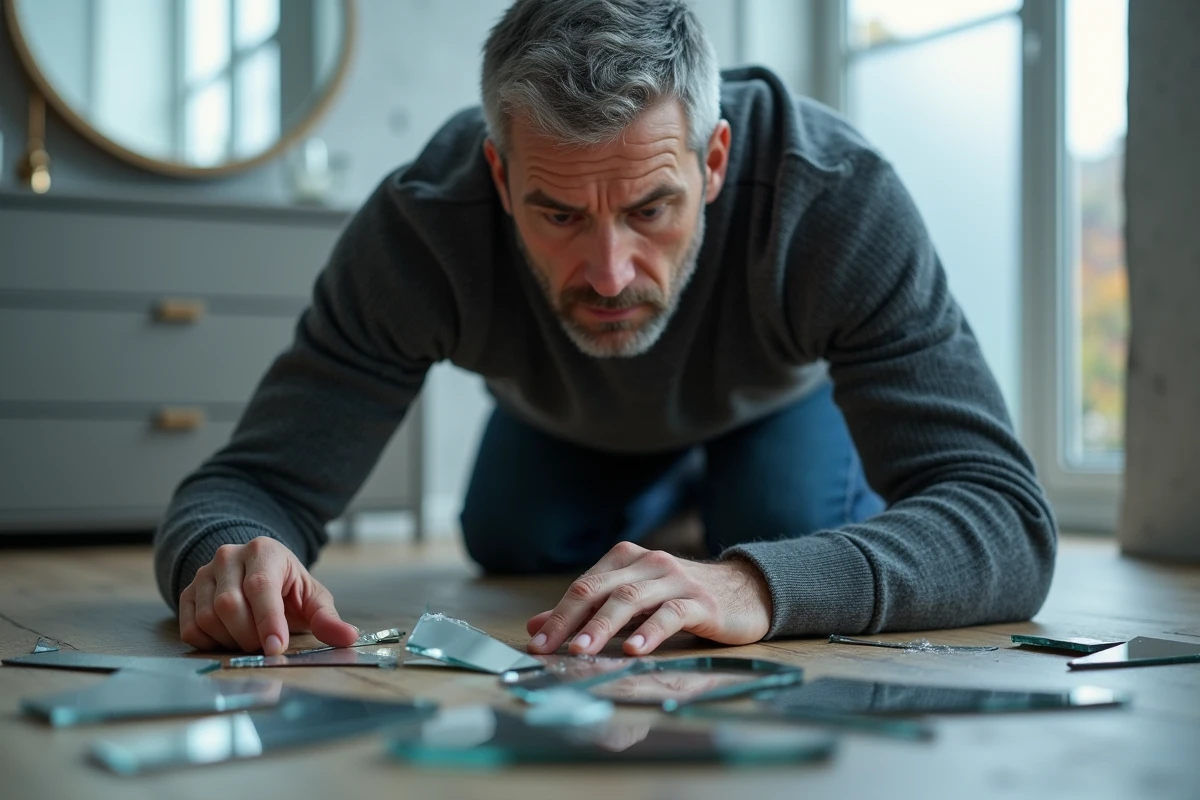 Homme agenouillé examinant des morceaux de miroir brisé éparpillés sur un parquet, évoquant la symbolique spirituelle et psychologique du miroir fracturé dans les rêves