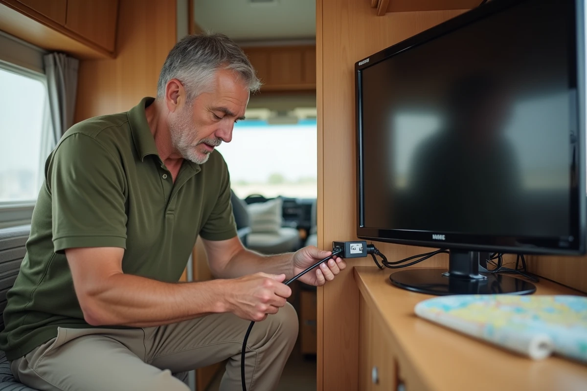 Homme installant un amplificateur de signal TNT dans l'intérieur d'une caravane, connectant un câble coaxial à l'appareil