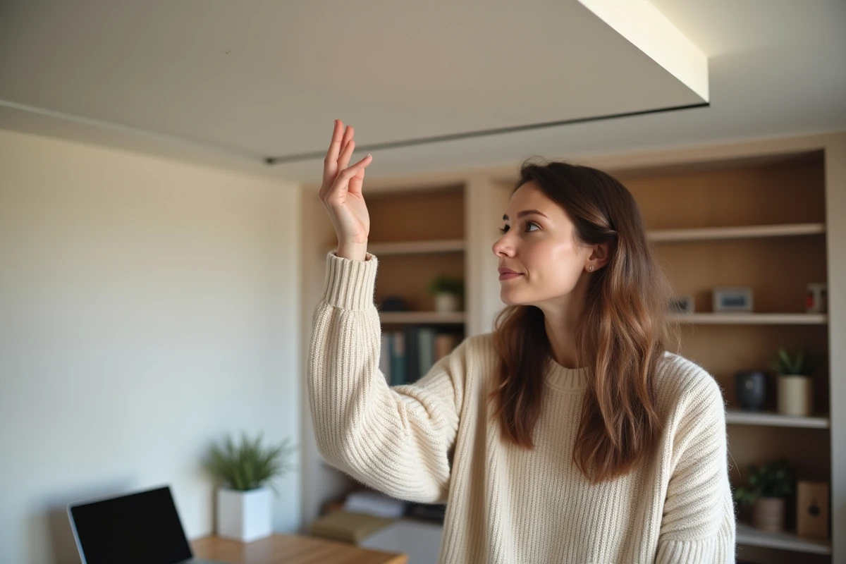 Femme vérifiant l'isolation phonique d'un plafond tendu acoustique dans un bureau à domicile