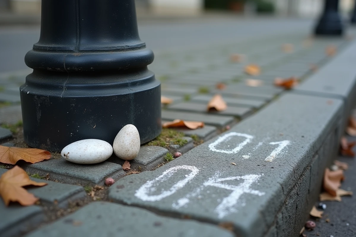 Cailloux et marque à la craie au pied d'une boîte aux lettres dans une rue résidentielle, indice possible de marquage avant cambriolage