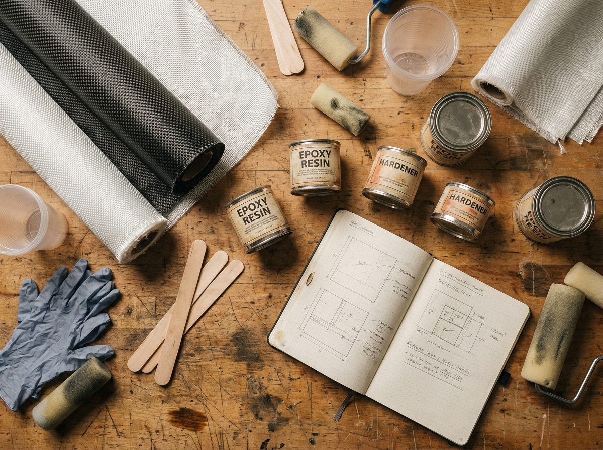 Vue de dessus des matériaux composites pour bricolage maison : résine époxy, fibres de verre et carbone, outils et accessoires sur établi en bois