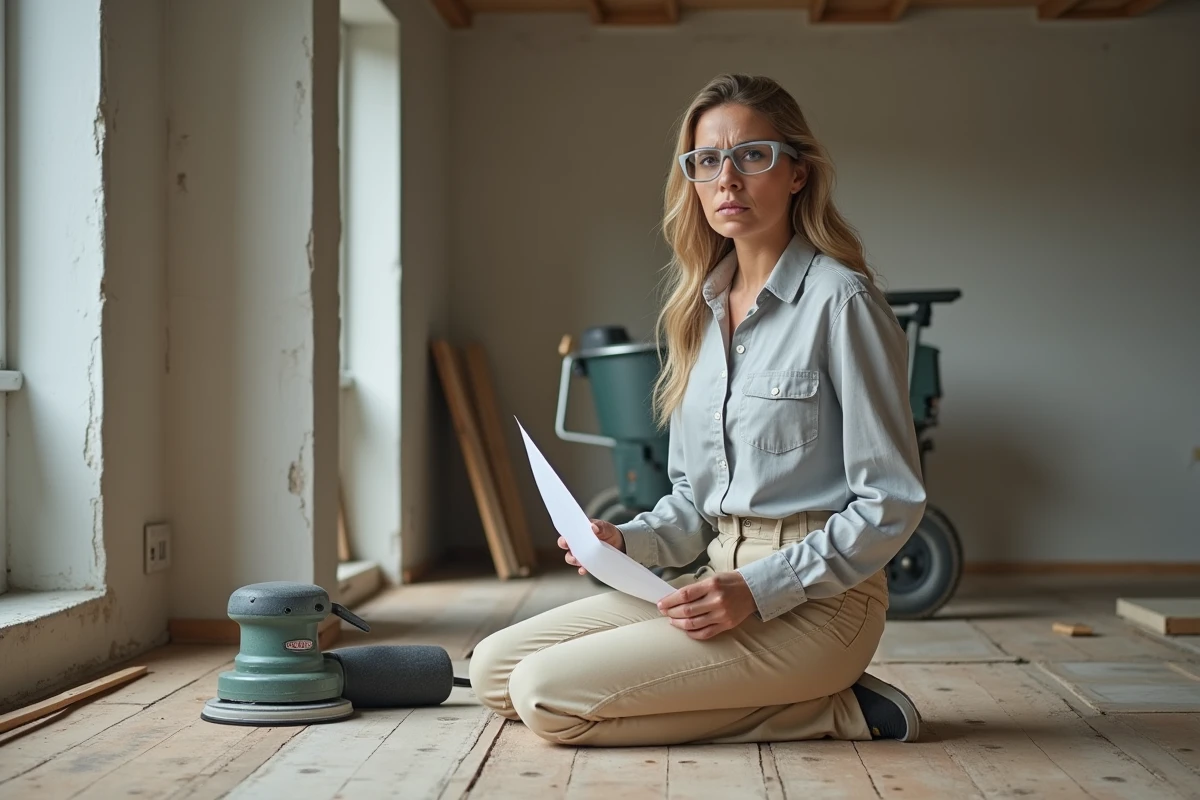 Femme entourée d'outils de location inadaptés dans une cuisine en rénovation, représentant les erreurs de sélection d'outils pour travaux maison