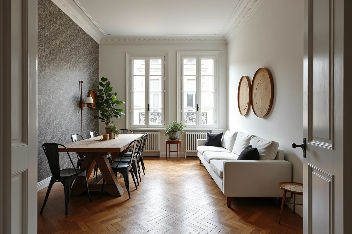Mélange de styles décoratifs incohérents dans un petit salon salle à manger dans un appartement haussmannien