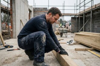 Ouvrier du bâtiment portant un pantalon de travail solide avec genouillères sur un chantier de construction