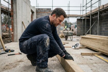 Ouvrier du bâtiment portant un pantalon de travail solide avec genouillères sur un chantier de construction