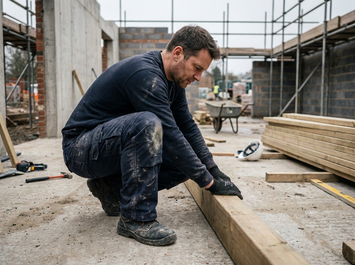 Ouvrier du bâtiment portant un pantalon de travail solide avec genouillères sur un chantier de construction
