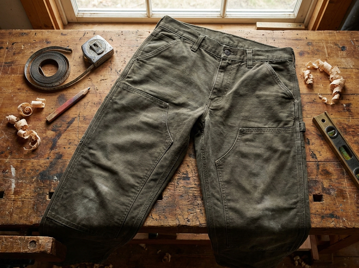 Pantalon de travail robuste en coton posé sur un établi d'atelier de menuiserie avec des outils autour