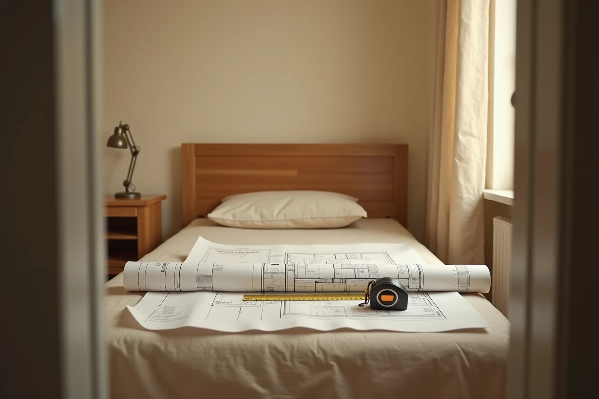 Petite chambre standard dans un appartement ancien avec plan et mètre ruban pour vérification des dimensions