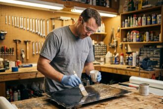 Homme appliquant de la résine époxy sur un panneau composite en fibre de verre dans un atelier de garage à domicile