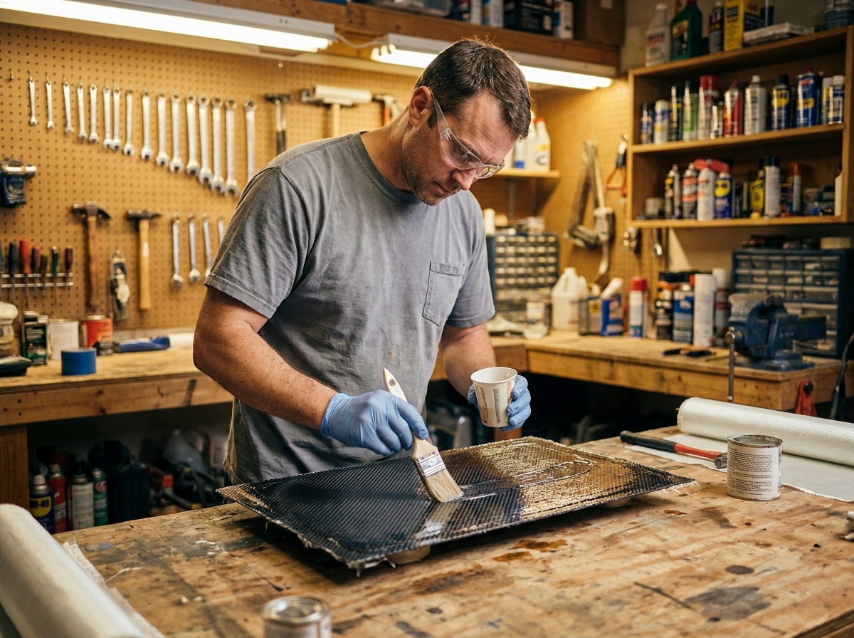 Homme appliquant de la résine époxy sur un panneau composite en fibre de verre dans un atelier de garage à domicile