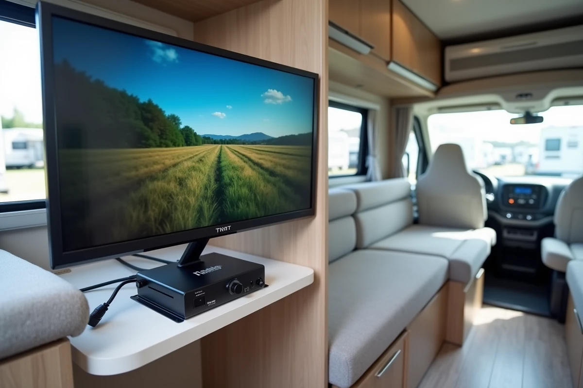 Télévision affichant une chaîne TNT en haute définition dans un camping-car, avec un amplificateur d'antenne visible sur l'étagère