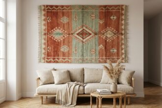 Salon moderne transformé par une grande tenture murale tissée marocaine en terracotta et vert sauge au-dessus d'un canapé en lin