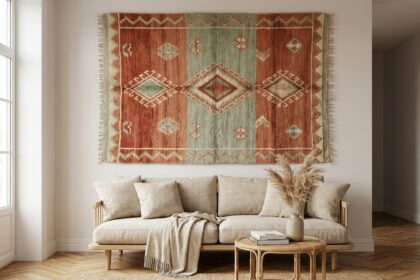 Salon moderne transformé par une grande tenture murale tissée marocaine en terracotta et vert sauge au-dessus d'un canapé en lin