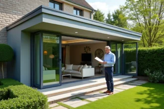 Homme examinant les plans d'une véranda en aluminium et verre accolée à une maison pavillonnaire française