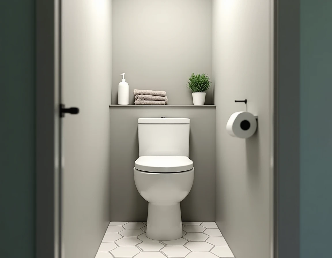 Vue d'ensemble d'un WC avec lave-main dans un petit espace familial, montrant l'optimisation de la surface