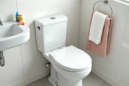 WC avec lave-main intégré dans une petite salle de bain familiale avec accessoires enfants