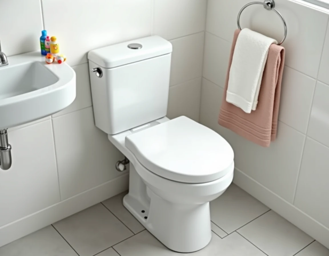 WC avec lave-main intégré dans une petite salle de bain familiale avec accessoires enfants