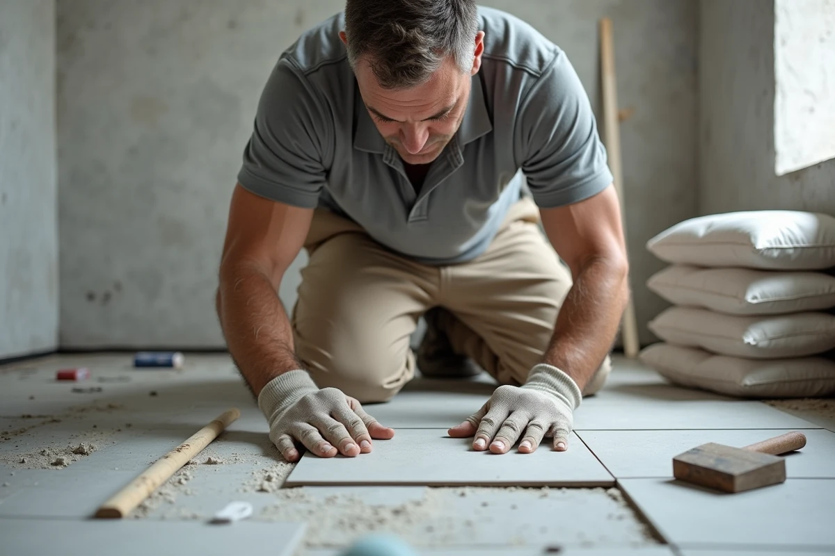 Artisan carreleur posant du carrelage grand format en grès cérame dans une salle de bain en rénovation