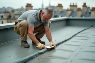 Artisan inspectant l'étanchéité d'un toit terrasse avec clipboard de devis, vue urbaine en arrière-plan