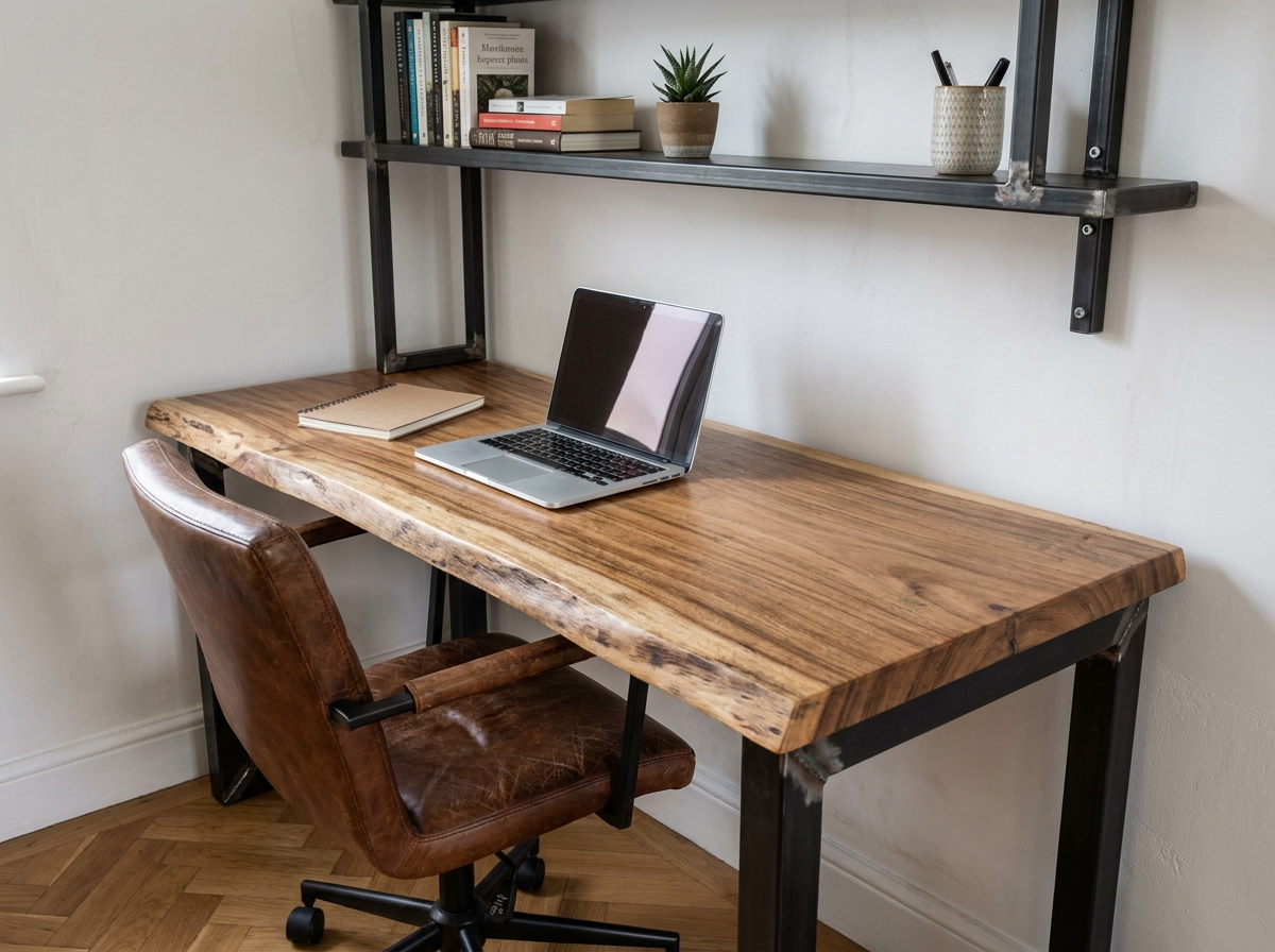 Bureau sur mesure en bois d'acacia live-edge et cadre en acier noir dans un bureau à domicile avec étagères métalliques murales