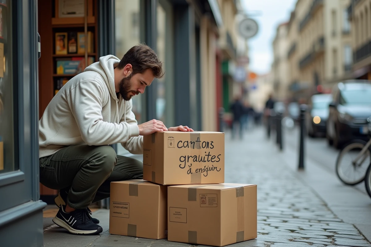 Homme récupérant des cartons gratuits devant une librairie en ville pour un déménagement petit budget