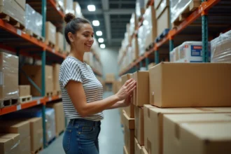 Femme récupérant des cartons gratuits dans la réserve d'un supermarché pour préparer un déménagement économique