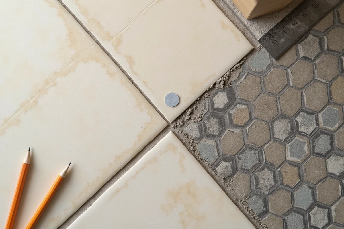 Vue aérienne d'un sol en cours de carrelage montrant deux types de carreaux et un devis artisan posé à côté