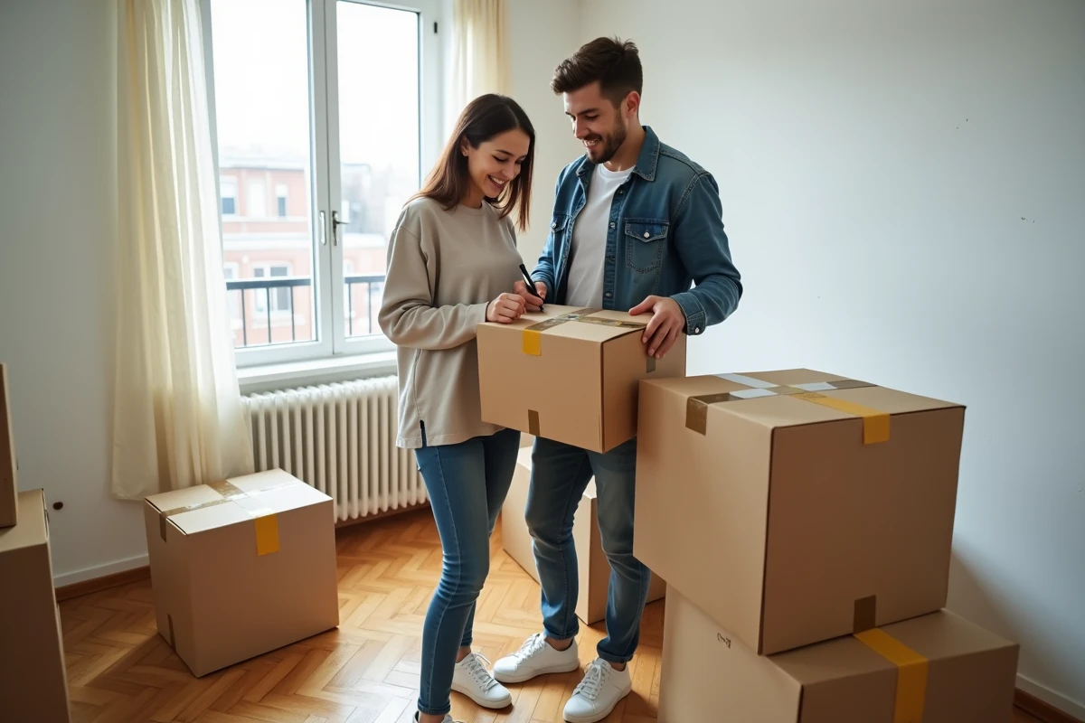 Couple emballant leurs affaires dans des cartons récupérés gratuitement lors d'un déménagement économique à petit budget