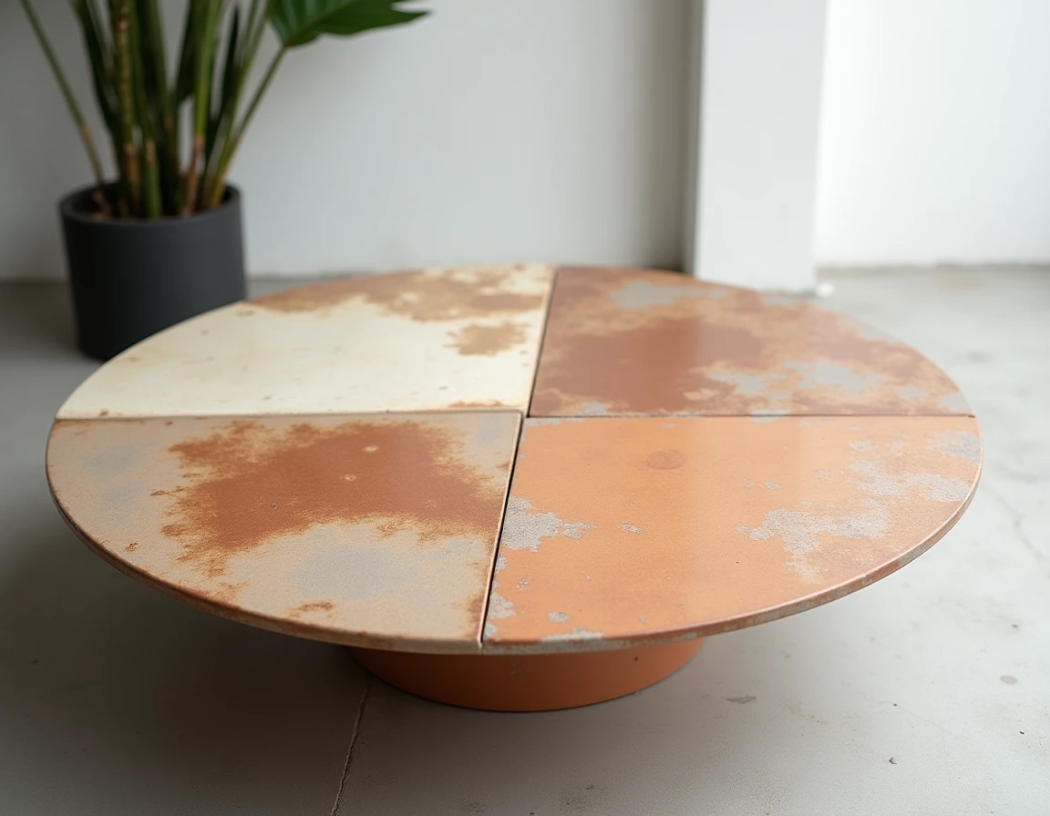 Détail de la surface en carreaux de céramique peints à la main d'une table basse Roger Capron authentique