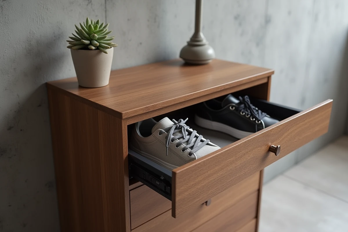 Détail du compartiment rabattable d'un meuble à chaussures Nano en chêne foncé avec rangement intérieur visible